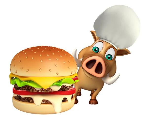 Carino cinghiale personaggio dei cartoni animati con hamburger — Foto Stock