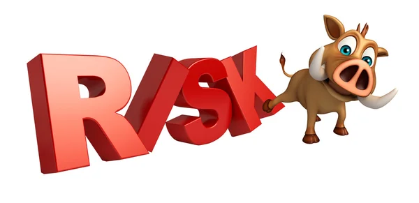 Divertido personaje de dibujos animados de jabalí con signo de riesgo — Foto de Stock