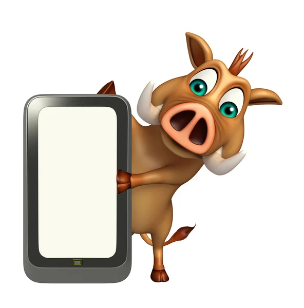 Niedlichen Wildschwein Cartoon-Figur mit Handy — Stockfoto