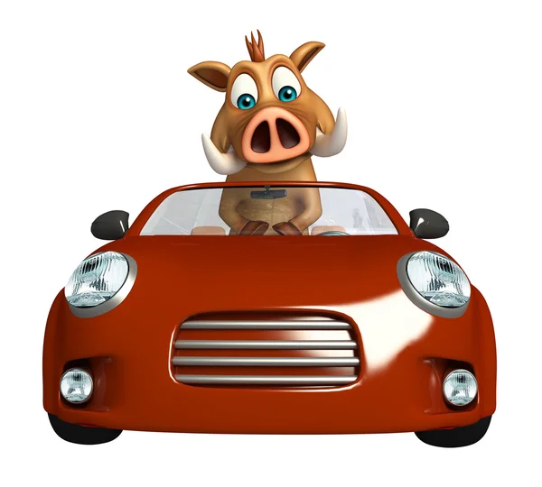 Divertido Boar personagem dos desenhos animados com carro — Fotografia de Stock