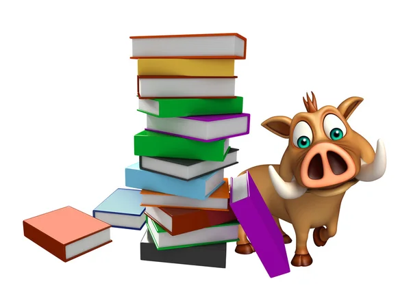 Cute  Boar cartoon character with book stack — Stock Photo, Image
