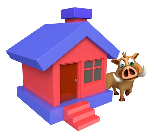 Lindo personaje de dibujos animados de jabalí con el hogar — Foto de Stock
