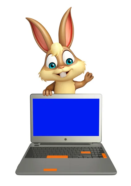 Divertido personaje de dibujos animados Bunny con ordenador portátil —  Fotos de Stock