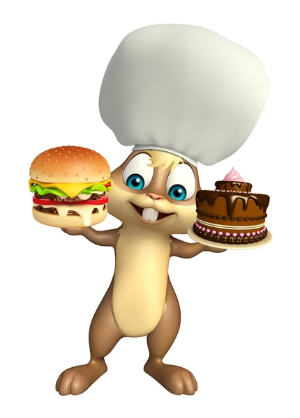 Ładny Bunny postać z kreskówki z burger, ciasto i szef kuchni kapelusz — Zdjęcie stockowe