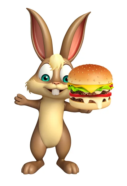 Cute Bunny postać z kreskówki z burger — Zdjęcie stockowe