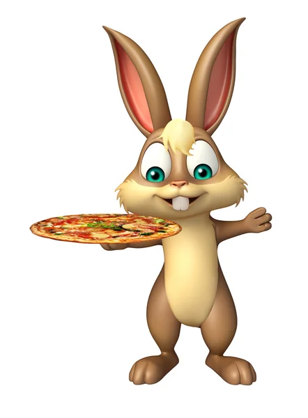 Niedliche Hasen-Cartoon-Figur mit Pizza — Stockfoto