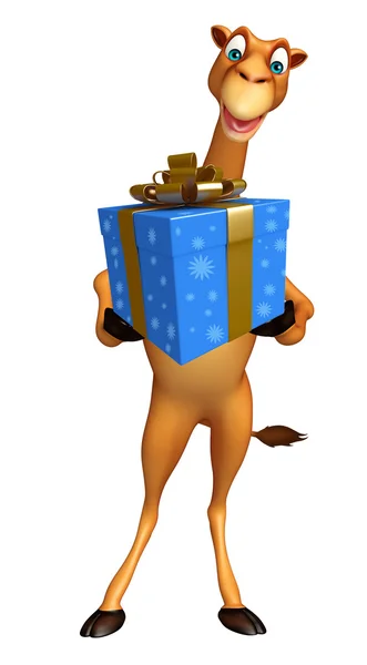 Divertido personaje de dibujos animados Camel con caja de regalo —  Fotos de Stock