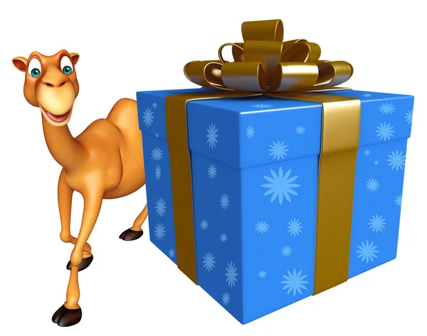 Fun Camel cartoon character with gift box — Stock Photo, Image