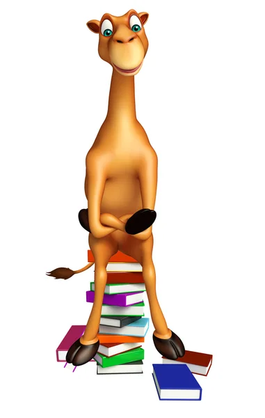 Amusant personnage de dessin animé chameau avec pile de livres — Photo