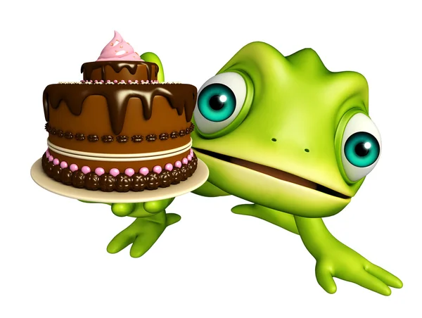 Divertido personagem de desenho animado camaleão com bolo — Fotografia de Stock