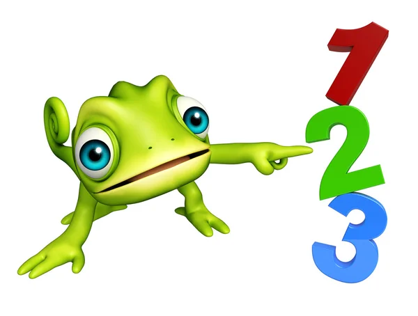 Lindo personaje de dibujos animados camaleón con 123 signo —  Fotos de Stock
