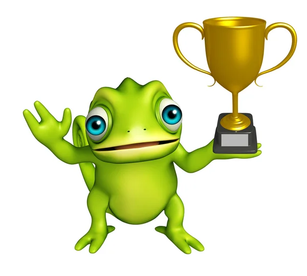 Fun Chameleon cartoon character with winning cup — Stock Photo, Image