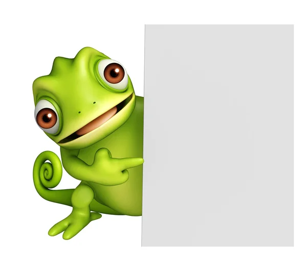 Divertido personagem de desenho animado camaleão com placa branca — Fotografia de Stock