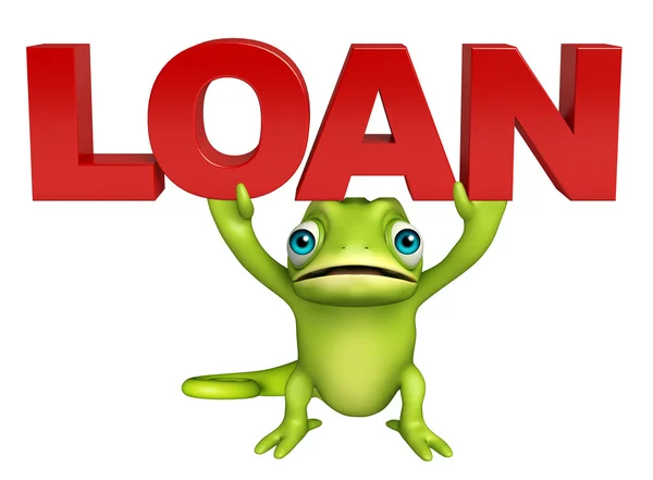 Roztomilý Chameleon kreslená postava znakem půjčky — Stock fotografie