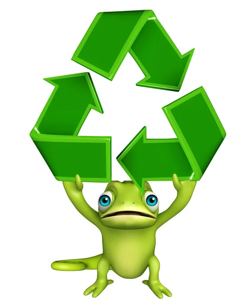 Chameleon seriefiguren med recycle skylt — Stockfoto