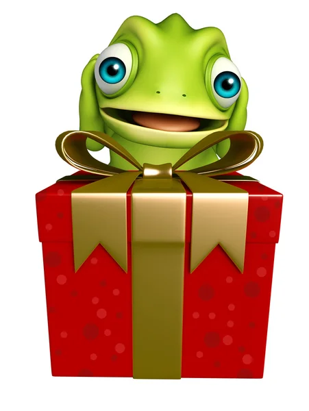 Divertido personaje de dibujos animados camaleón con caja de regalo —  Fotos de Stock