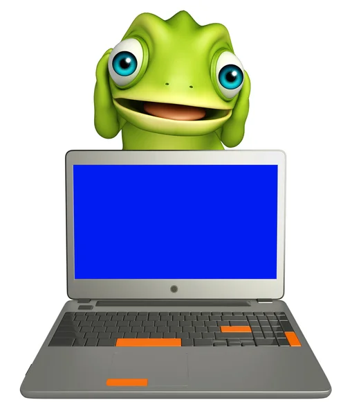 Cute Chameleon cartoon character with laptop — Stock Photo, Image