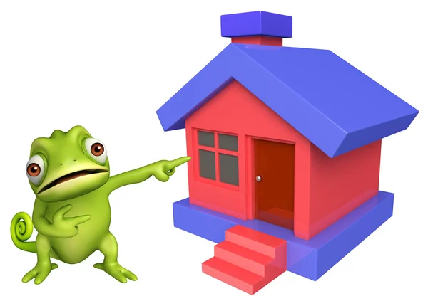 Lindo personaje de dibujos animados camaleón con el hogar — Foto de Stock