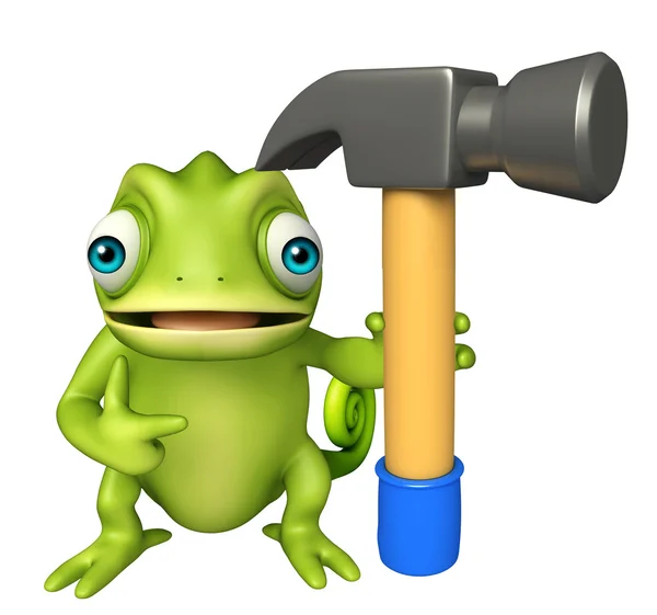Bonito personagem de desenho animado camaleão com martelo — Fotografia de Stock