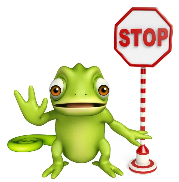 Lindo personaje de dibujos animados camaleón con señal de stop —  Fotos de Stock