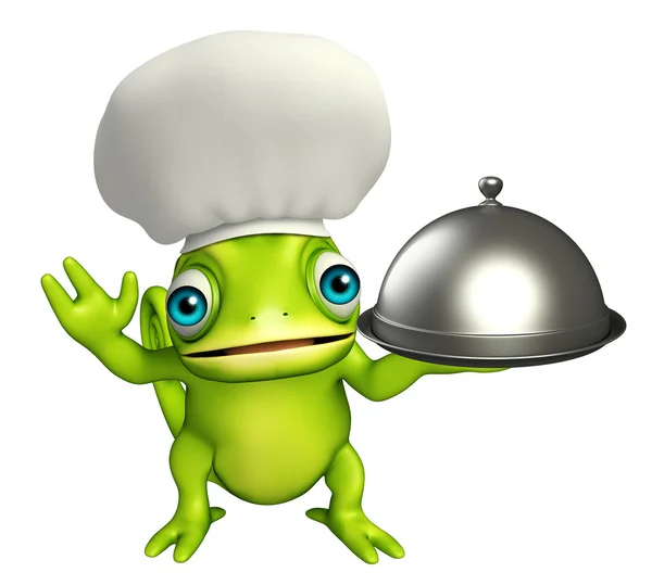Personagem de desenho animado camaleão com chapéu de chef e cloche — Fotografia de Stock