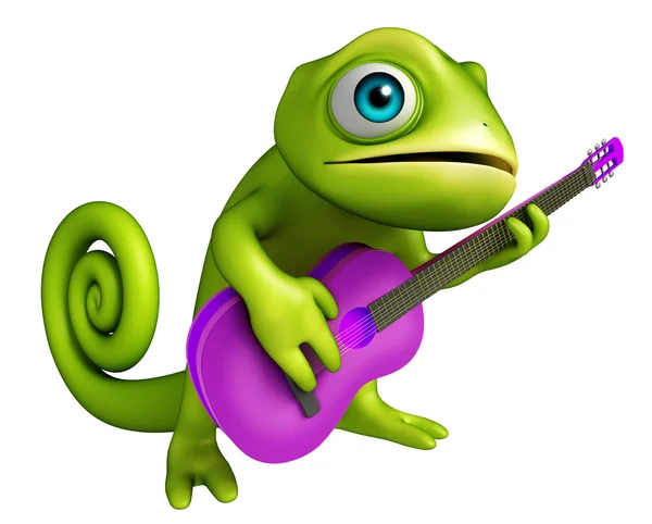 Zabawy kameleon postać z kreskówek z gitara — Zdjęcie stockowe