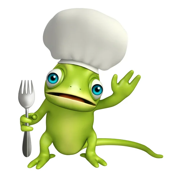 Personagem de desenho animado camaleão com prato de jantar e colheres — Fotografia de Stock