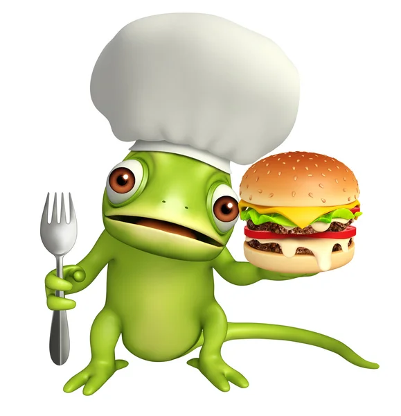 Fun Chameleon cartoon character with burger and spoon — Stock Photo, Image