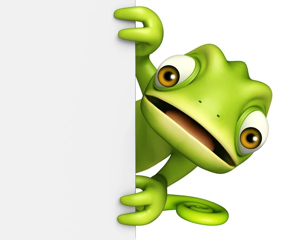 Fun Chameleon cartoon character with white board — Stock Photo, Image