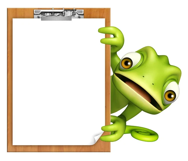 Lindo personaje de dibujos animados camaleón con almohadilla de examen — Foto de Stock