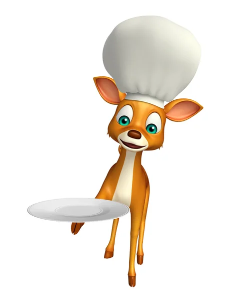 Fun Deer cartoon character with dinner plate and chef hat — Stock Photo, Image