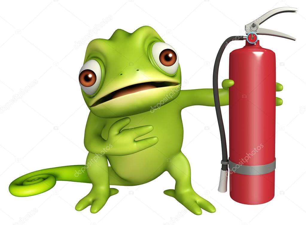 fun Chameleon cartoon character with fire extinguisher