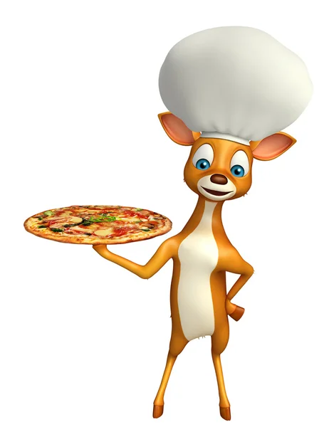 Divertido personagem de desenho animado veado com chapéu de chef e pizza — Fotografia de Stock