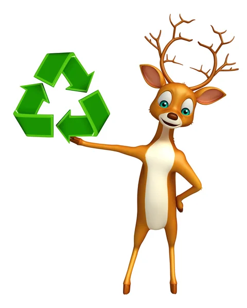 Divertido personagem de desenho animado cervo com sinal de reciclagem — Fotografia de Stock