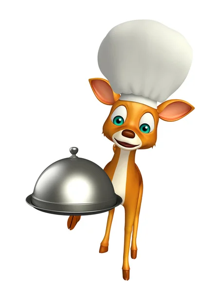 Divertido personaje de dibujos animados de ciervos con cloche y sombrero de chef —  Fotos de Stock