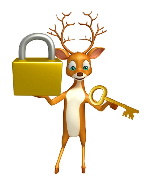 かわいい鹿漫画のロックとキーの文字 — ストック写真