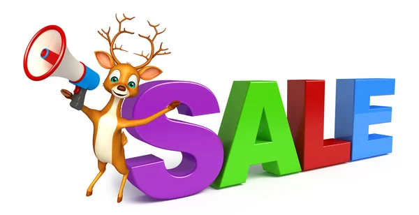 Deer cartoon character with big sale sign and loudspeaker — Stock Photo, Image