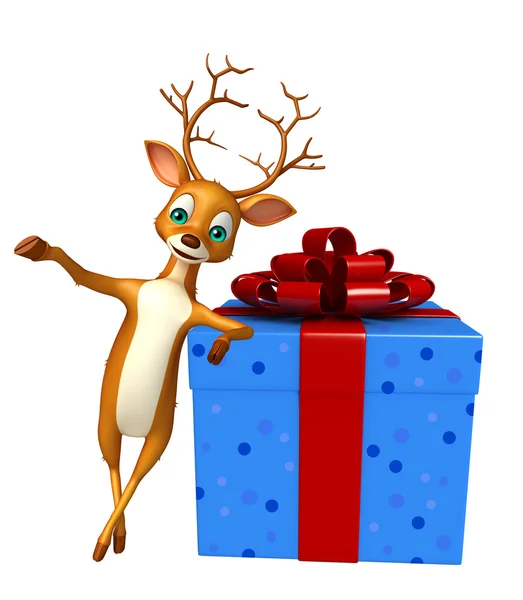 Divertido personagem de desenho animado cervo com caixa de presente — Fotografia de Stock