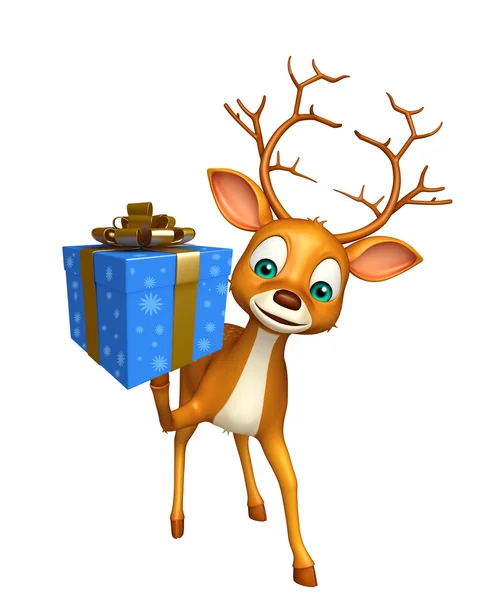 Amusant personnage de dessin animé cerf avec boîte cadeau — Photo