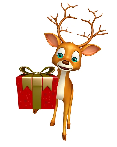 Fun Deer cartoon character with gift box — Stock Photo, Image