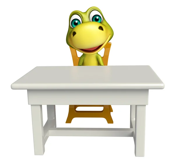 Fun Dinosaur cartoon character with table and chair — Stock Photo, Image