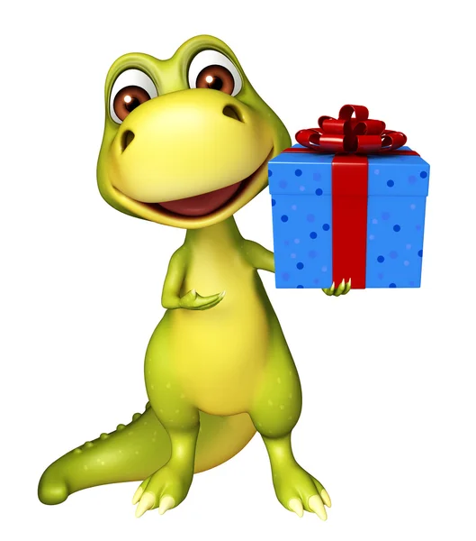 Divertido personaje de dibujos animados dinosaurio con caja de regalo —  Fotos de Stock