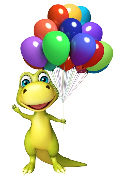 Divertido personaje de dibujos animados dinosaurio con globos —  Fotos de Stock
