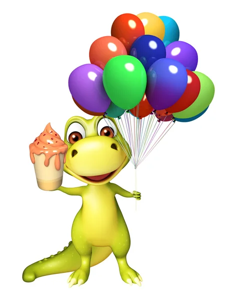 Amusant personnage de dessin animé dinosaure avec ballons et crème glacée — Photo