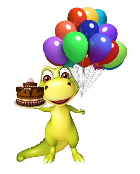 Весёлый персонаж мультфильма про динозавров с воздушными шарами и тортом — стоковое фото