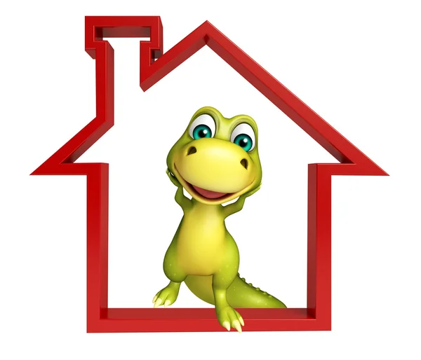 Симпатичный персонаж мультфильма про динозавров с домашним знаком — стоковое фото