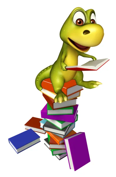 Sevimli dinozor çizgi film karakteri ile kitap yığını — Stok fotoğraf