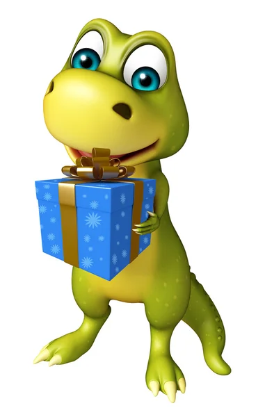 Divertido personaje de dibujos animados dinosaurio con caja de regalo —  Fotos de Stock