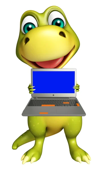 노트북과 귀여운 공룡 만화 캐릭터 — 스톡 사진