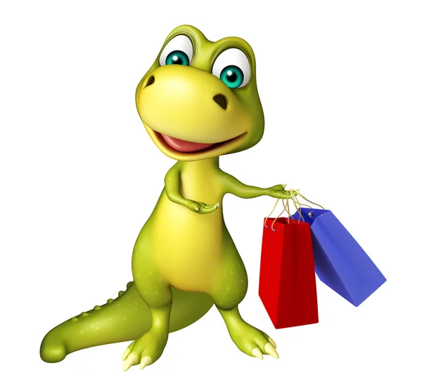 Lindo personaje de dibujos animados dinosaurio con bolsa de compras —  Fotos de Stock